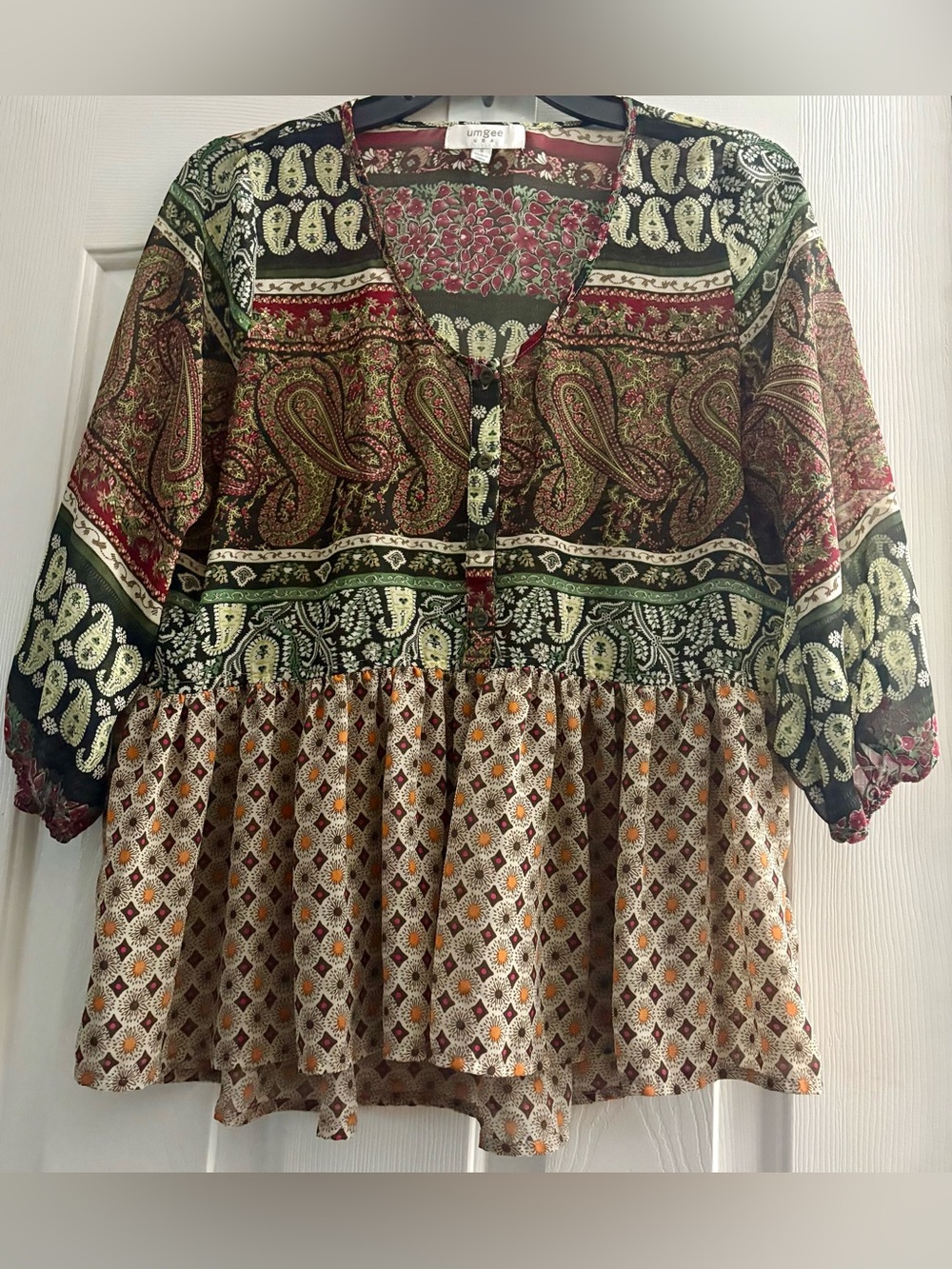 Umgee Olive, Burgundy & Mustard Paisley Peplum Blouse